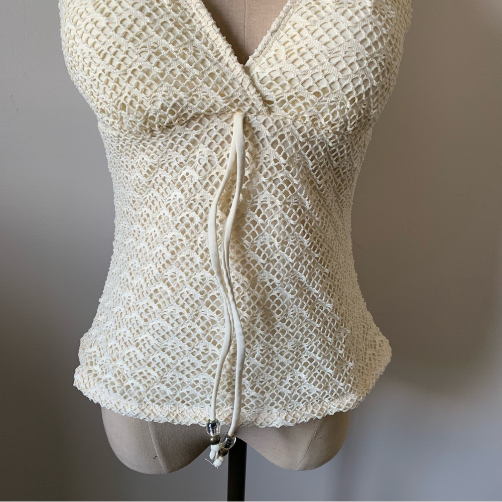Y2K Light Yellow Athena Crochet Halter Crop Top - Picture 2 of 4